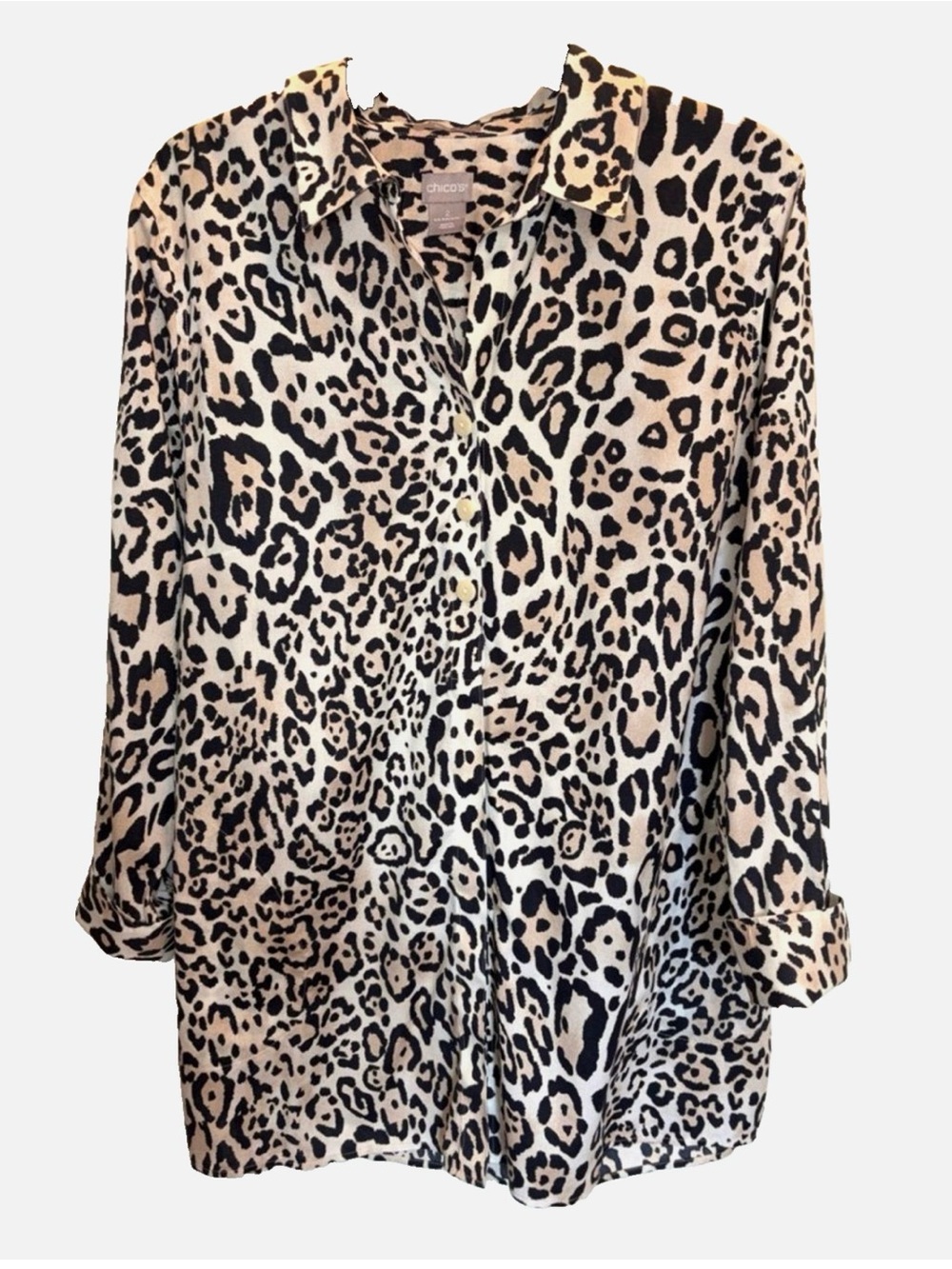 Chico’s No Iron Shirt 2 L Leopard Animal Print Button Front Tunic Blouse